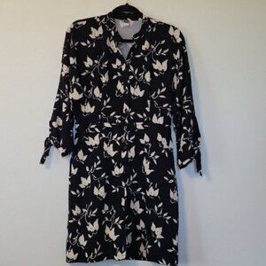 Anthropologie BAYO Black Cream Floral Button Up Dress Ties at Elbow Size Small